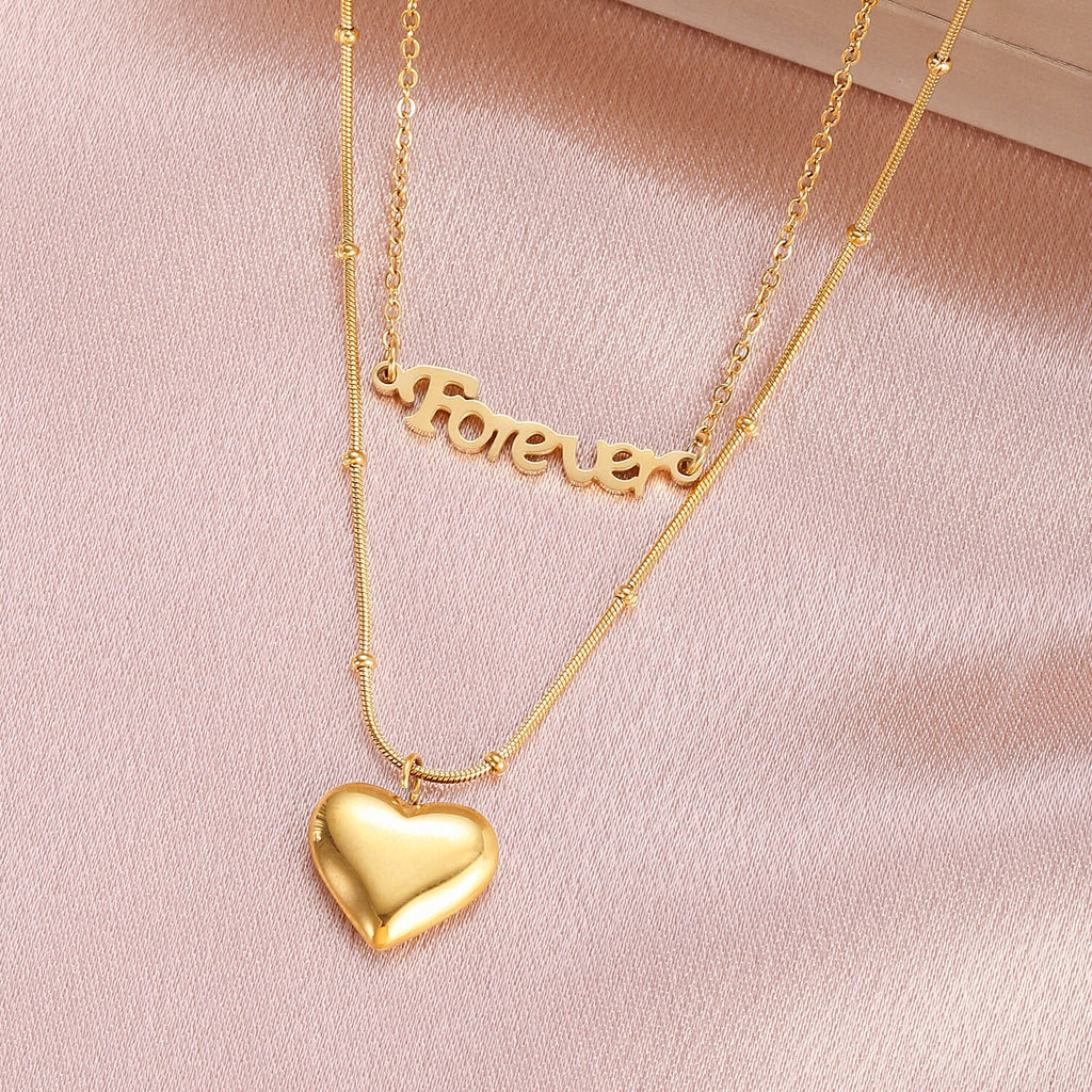 Stainless Steel Heart Pendant LOVE Necklace For Women Korean Double Layered Necklace Jewelry Gift Accessories