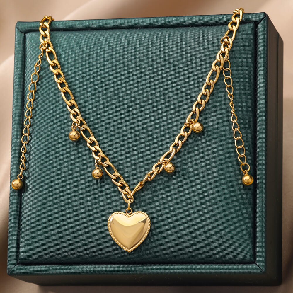 Stainless Steel Heart Pendant Necklace for Women Gold Plated Cuban Chains Necklaces Vintage Couple Wedding Jewelry collares