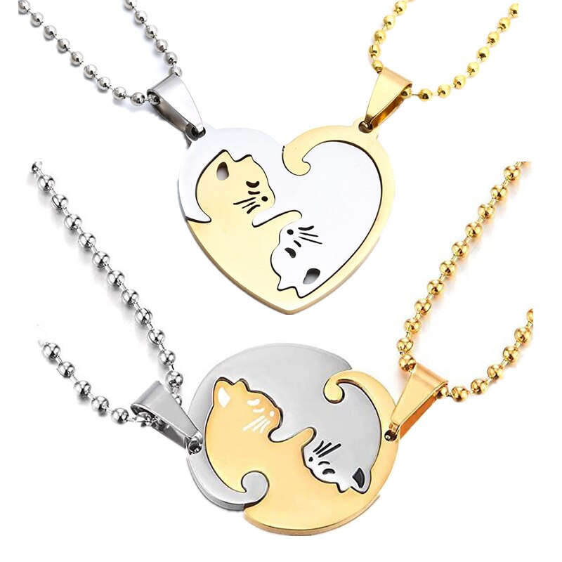 Stainless Steel Hug Cat Stitching Pendant Lovers Necklace Trend 2022 Heart Couple Necklace Men Women Jewelry BTS-669