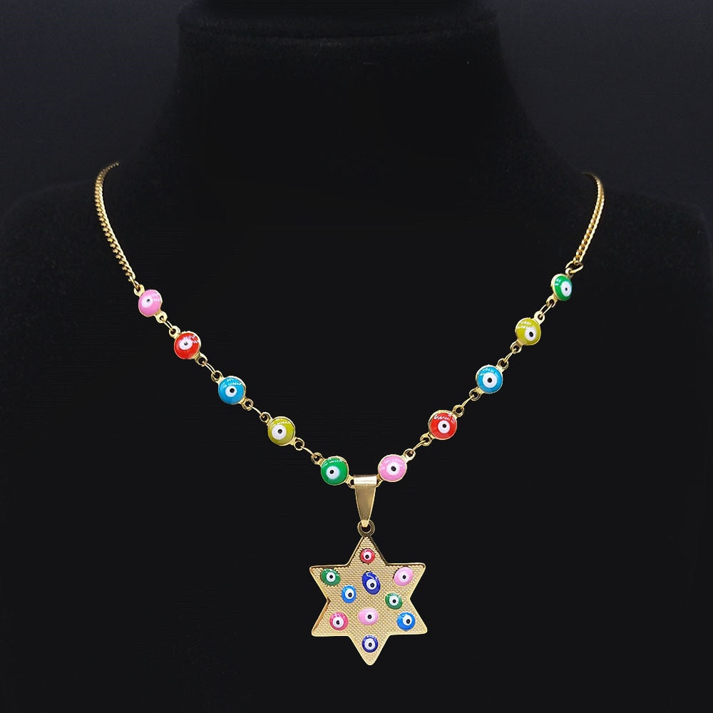 Stainless Steel Islam Colorful Turkey Eye Judaism Hexagram Necklace Women/Men Gold Color Chokers Necklaces Jewelry N5230S04
