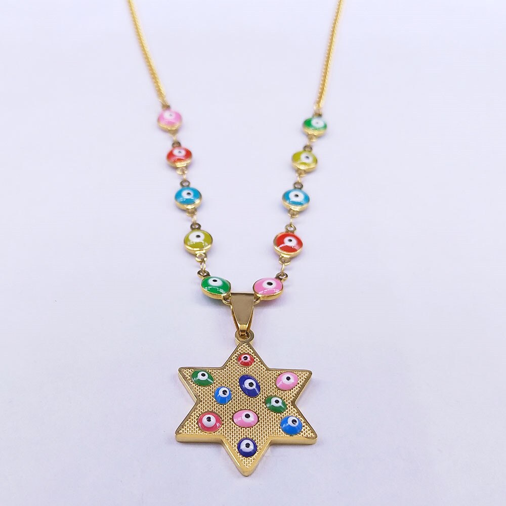 Stainless Steel Islam Colorful Turkey Eye Judaism Hexagram Necklace Women/Men Gold Color Chokers Necklaces Jewelry N5230S04