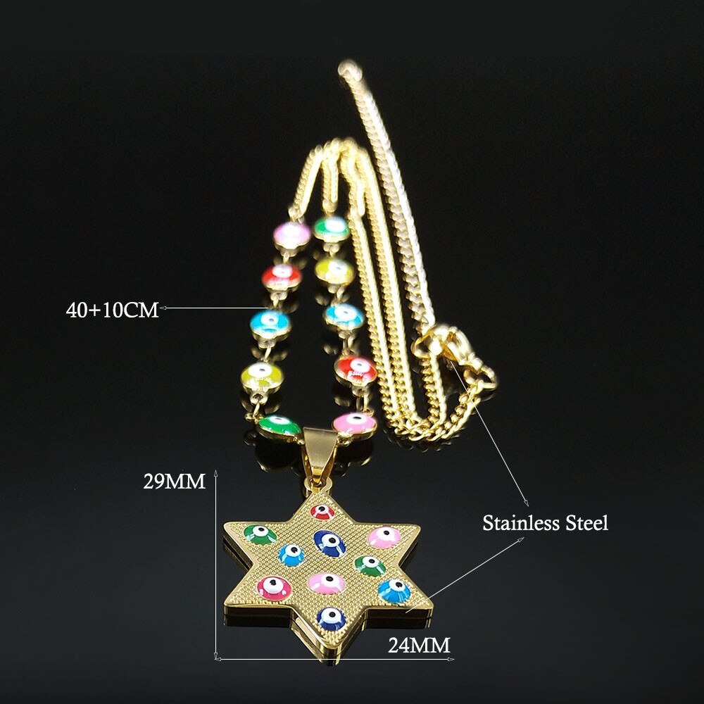 Stainless Steel Islam Colorful Turkey Eye Judaism Hexagram Necklace Women/Men Gold Color Chokers Necklaces Jewelry N5230S04