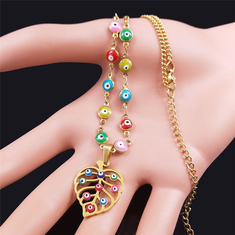 Stainless Steel Islam Colorful Turkey Eye Statement Necklace Women Gold Color Muslim Leaf Necklaces Jewelry collier N5217S04