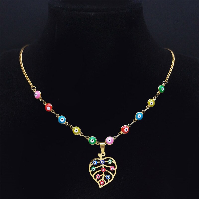 Stainless Steel Islam Colorful Turkey Eye Statement Necklace Women Gold Color Muslim Leaf Necklaces Jewelry collier N5217S04