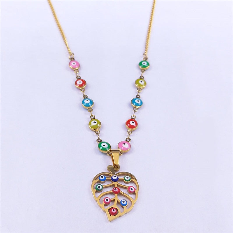 Stainless Steel Islam Colorful Turkey Eye Statement Necklace Women Gold Color Muslim Leaf Necklaces Jewelry collier N5217S04