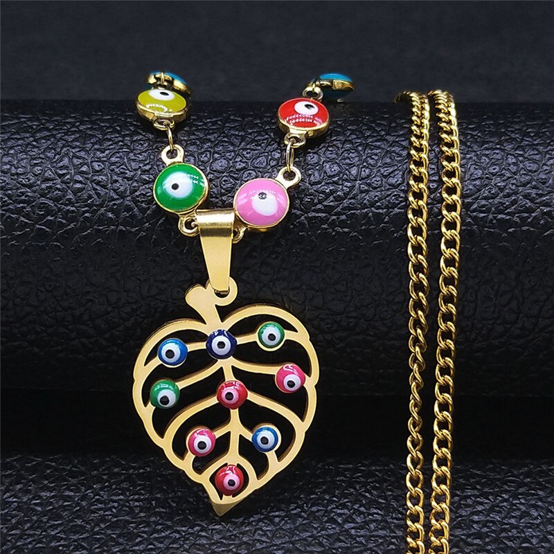 Stainless Steel Islam Colorful Turkey Eye Statement Necklace Women Gold Color Muslim Leaf Necklaces Jewelry collier N5217S04