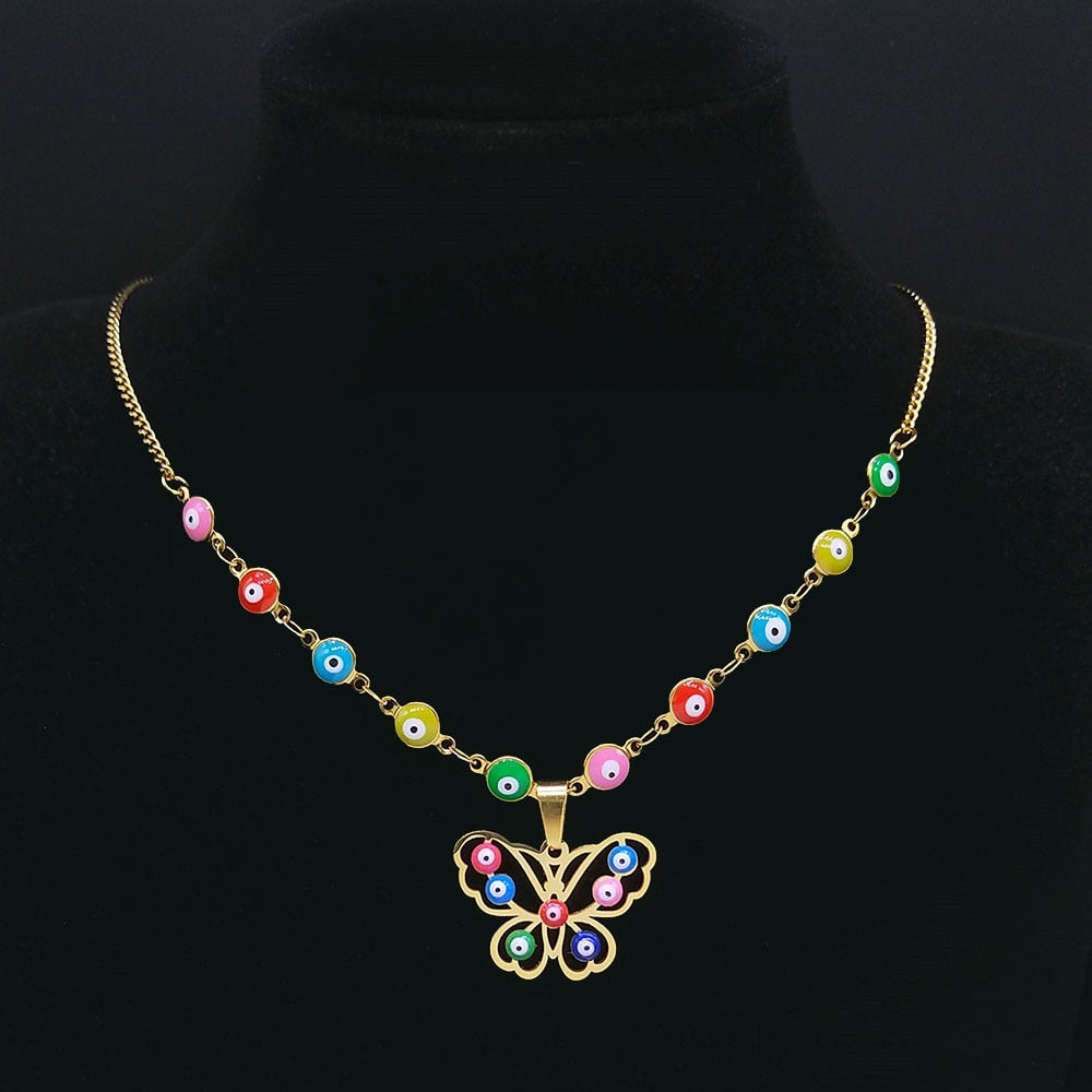 Stainless Steel Islam Moslin Colorful Turkey Eye Butterfly Charm Necklaces Gold Color Necklaces Jewelry collar mariposa N5213S04