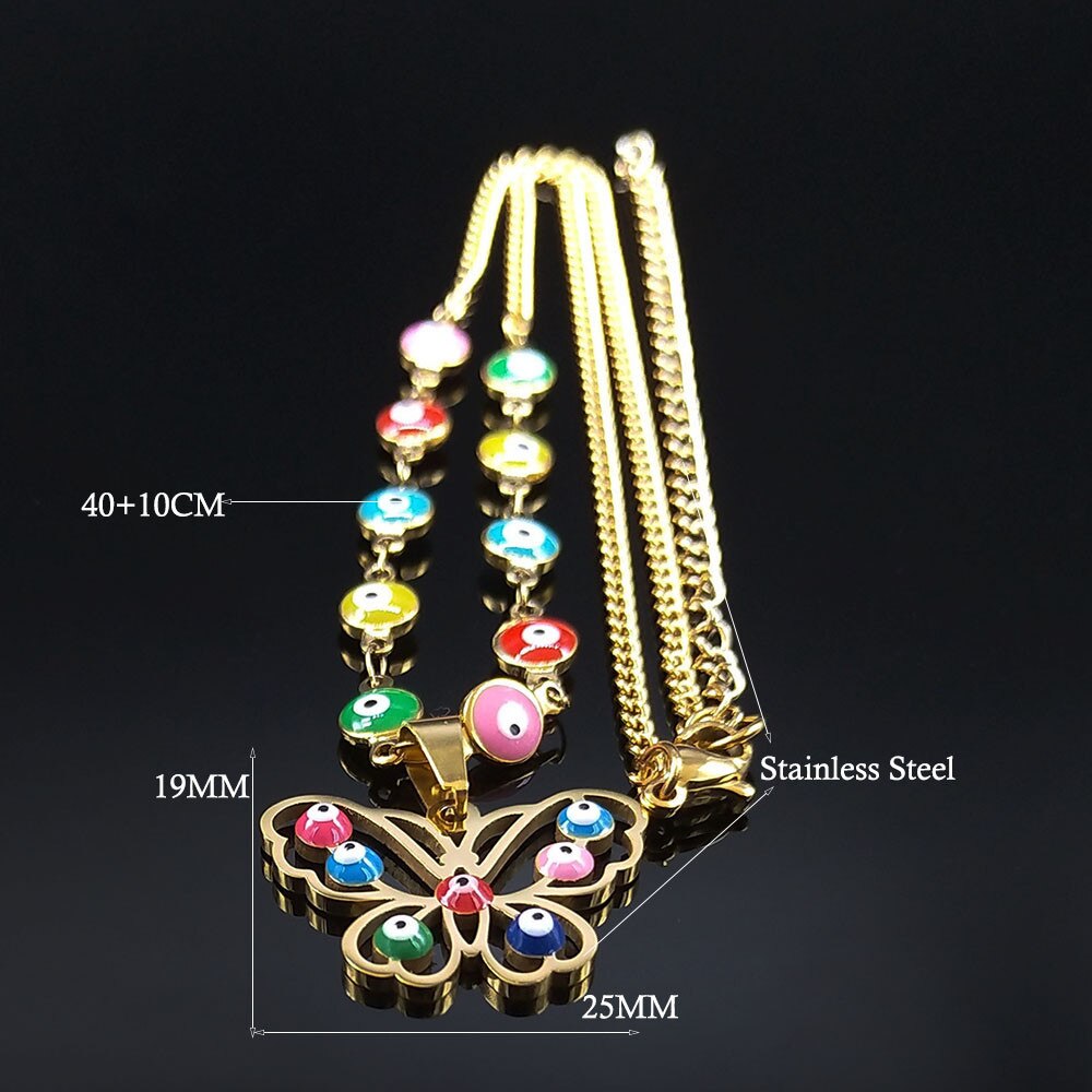 Stainless Steel Islam Moslin Colorful Turkey Eye Butterfly Charm Necklaces Gold Color Necklaces Jewelry collar mariposa N5213S04