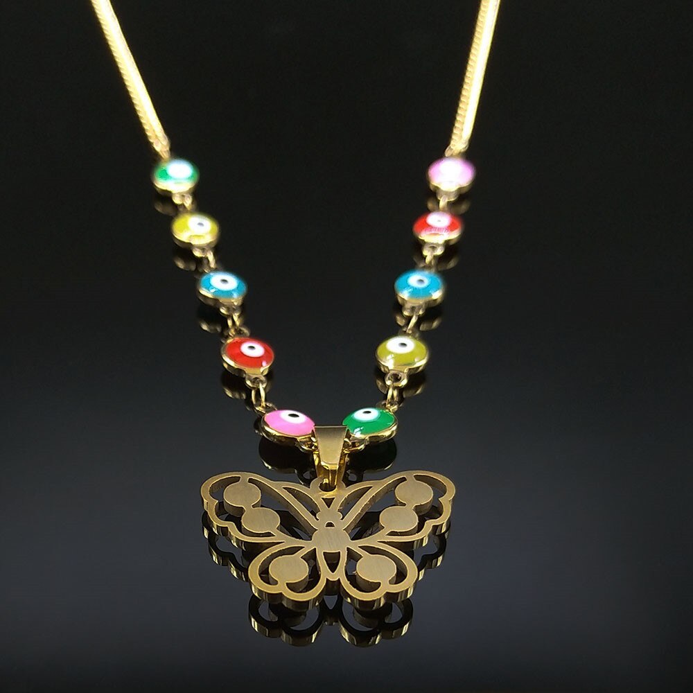 Stainless Steel Islam Moslin Colorful Turkey Eye Butterfly Charm Necklaces Gold Color Necklaces Jewelry collar mariposa N5213S04