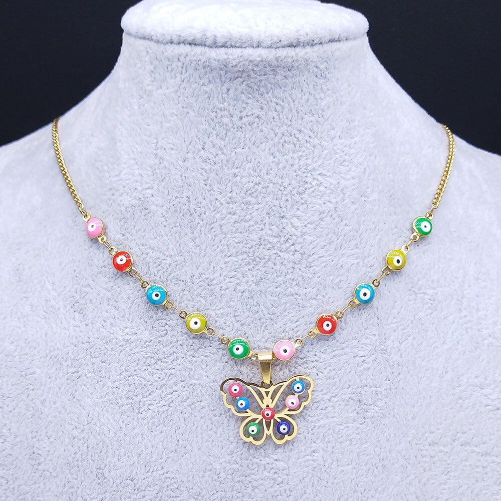 Stainless Steel Islam Moslin Colorful Turkey Eye Butterfly Charm Necklaces Gold Color Necklaces Jewelry collar mariposa N5213S04