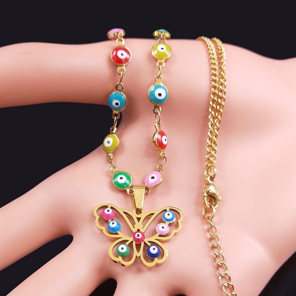 Stainless Steel Islam Moslin Colorful Turkey Eye Butterfly Charm Necklaces Gold Color Necklaces Jewelry collar mariposa N5213S04