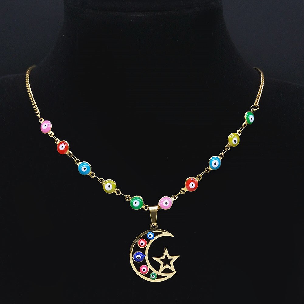 Stainless Steel Islam Moslin Colorful Turkey Eye Moon Star Necklaces Women Gold Color Chokers Necklaces Jewelry cadena N5216S04