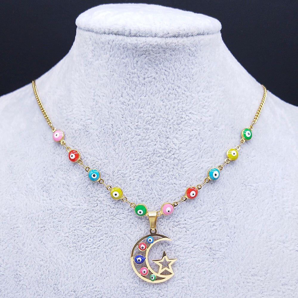 Stainless Steel Islam Moslin Colorful Turkey Eye Moon Star Necklaces Women Gold Color Chokers Necklaces Jewelry cadena N5216S04