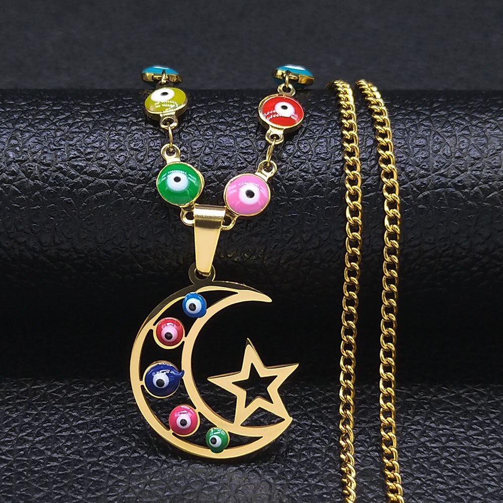 Stainless Steel Islam Moslin Colorful Turkey Eye Moon Star Necklaces Women Gold Color Chokers Necklaces Jewelry cadena N5216S04