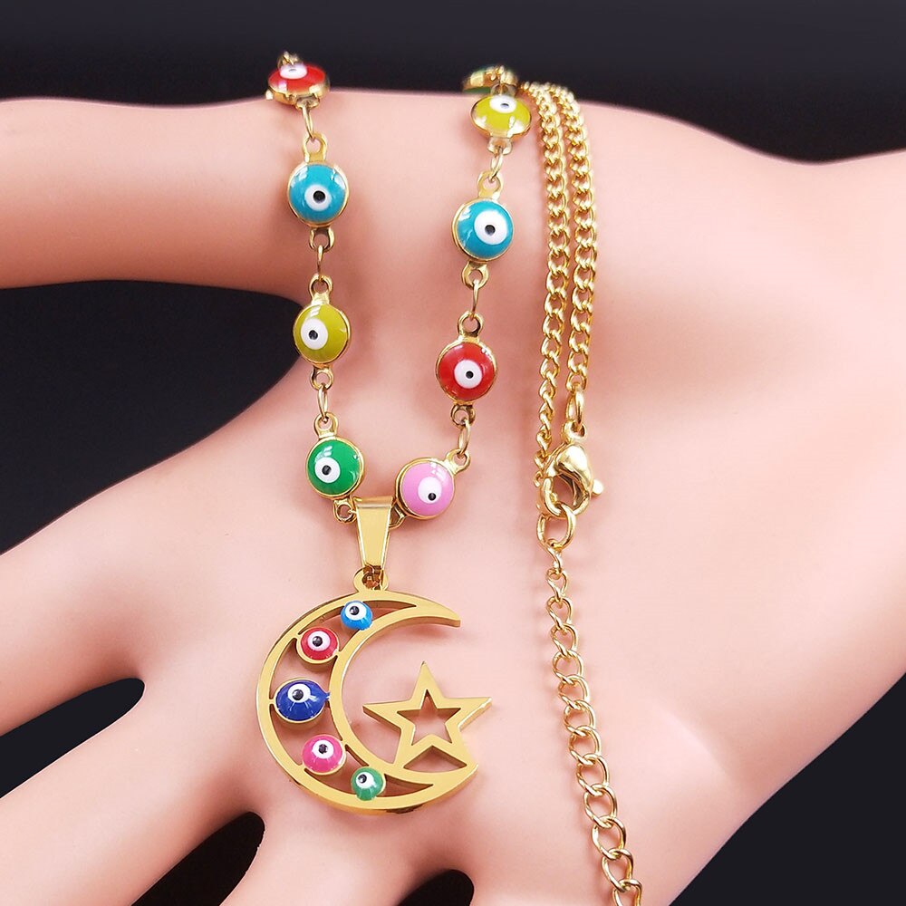 Stainless Steel Islam Moslin Colorful Turkey Eye Moon Star Necklaces Women Gold Color Chokers Necklaces Jewelry cadena N5216S04