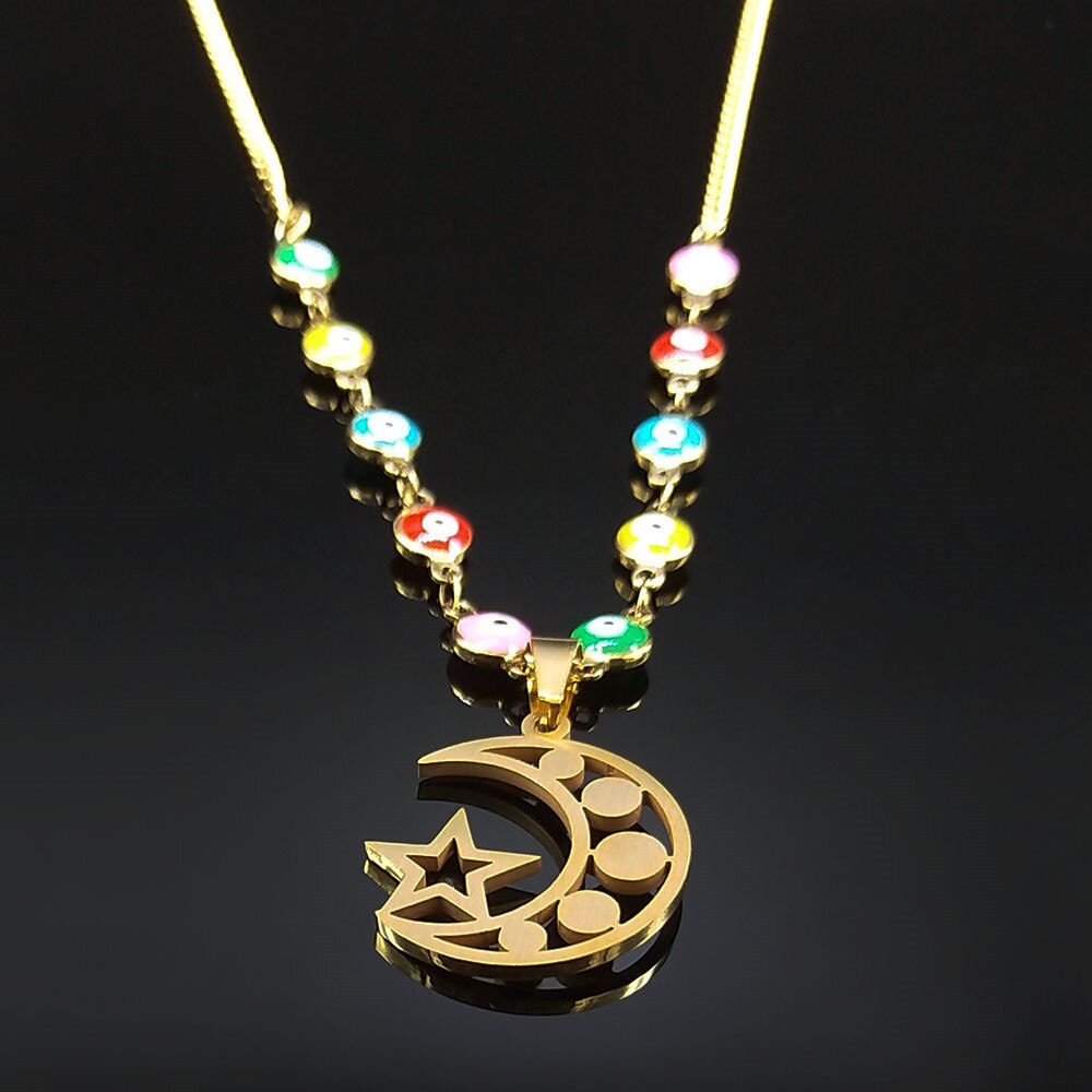 Stainless Steel Islam Moslin Colorful Turkey Eye Moon Star Necklaces Women Gold Color Chokers Necklaces Jewelry cadena N5216S04