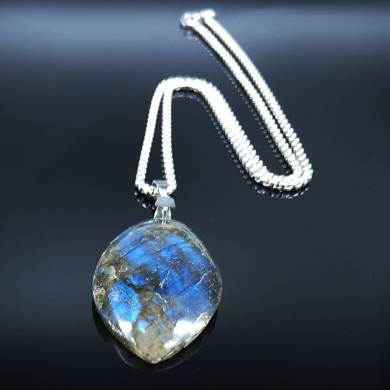 Stainless Steel Labradorite Pendant cabochon Irregular shape strong shine labradorite pendant Necklaces Jewelry joyeriaNG70S04