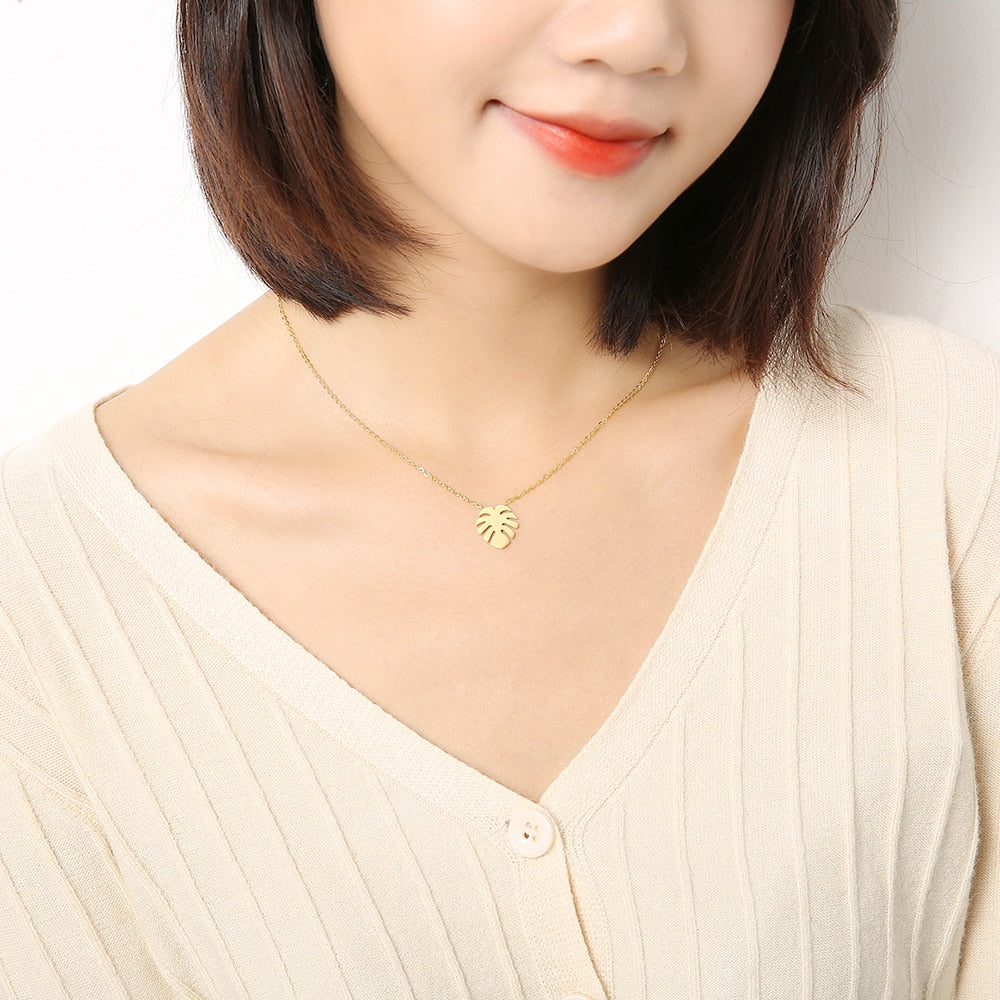 Stainless Steel Monstera Leaf Necklaces For Women Dainty Jewelry Gold Color Chain Friendship Long Necklaces Sister Gifts