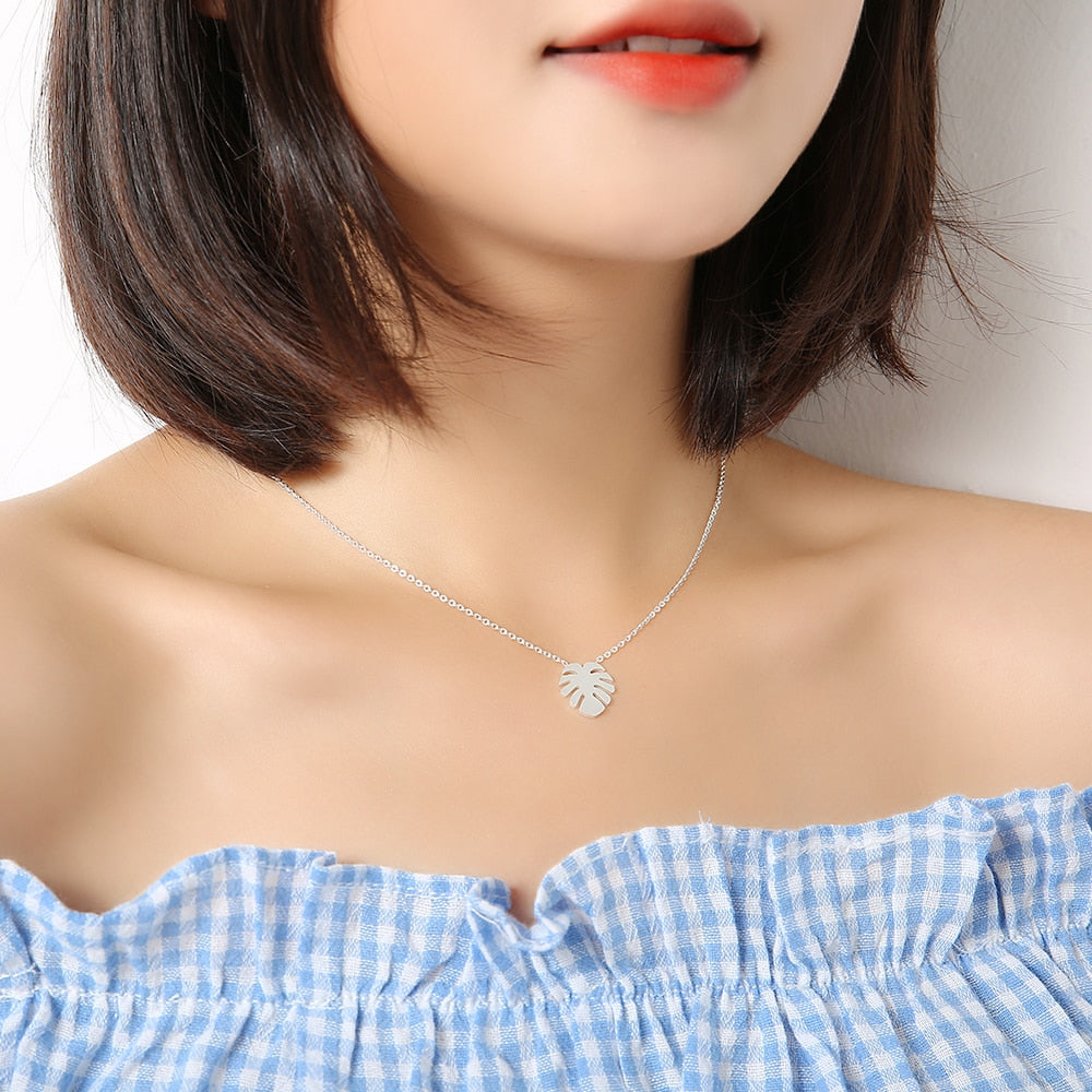 Stainless Steel Monstera Leaf Necklaces For Women Dainty Jewelry Gold Color Chain Friendship Long Necklaces Sister Gifts