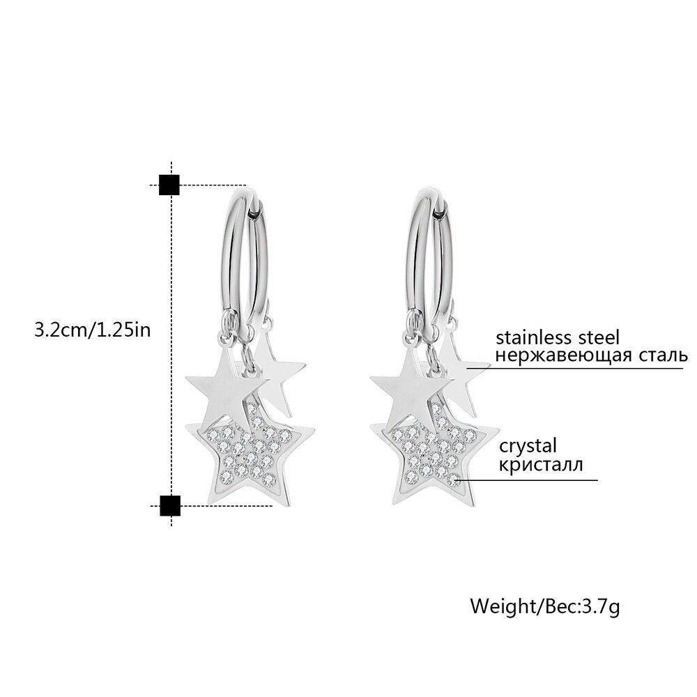 Stainless Steel Multi-Star Hoop Earrings For Women Classic Gold Color Crystal Five-pointed Star Earrings Jewelry Gift