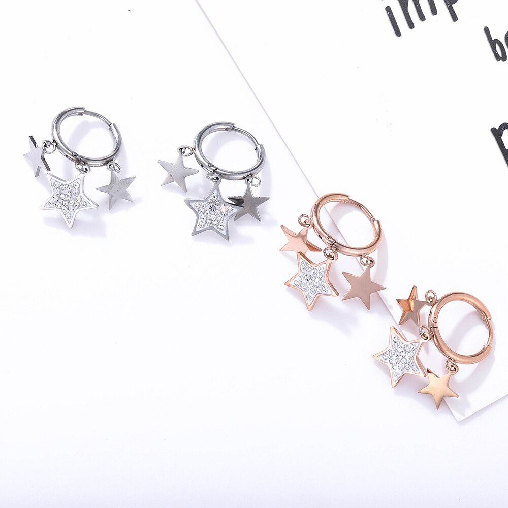 Stainless Steel Multi-Star Hoop Earrings For Women Classic Gold Color Crystal Five-pointed Star Earrings Jewelry Gift