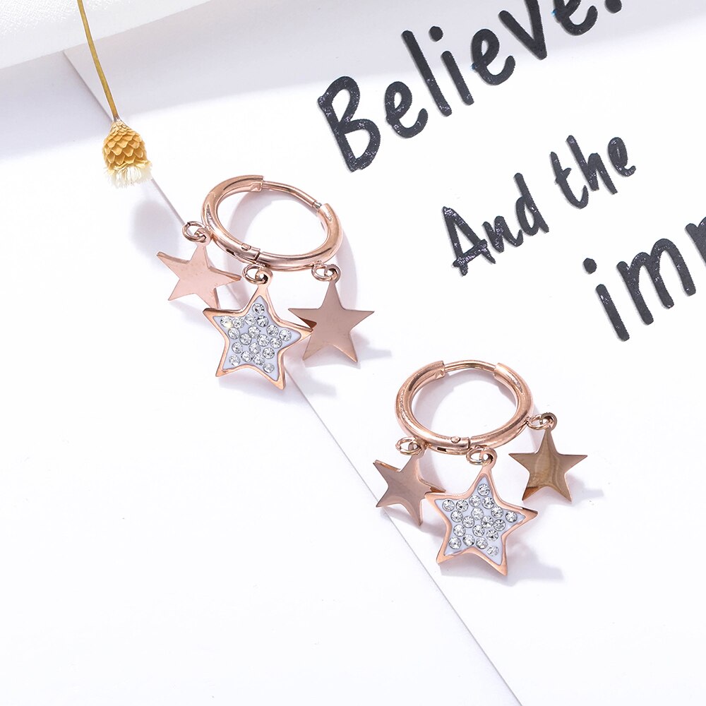 Stainless Steel Multi-Star Hoop Earrings For Women Classic Gold Color Crystal Five-pointed Star Earrings Jewelry Gift