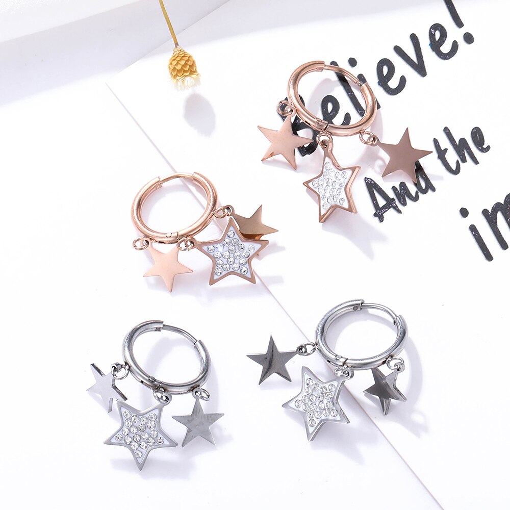 Stainless Steel Multi-Star Hoop Earrings For Women Classic Gold Color Crystal Five-pointed Star Earrings Jewelry Gift