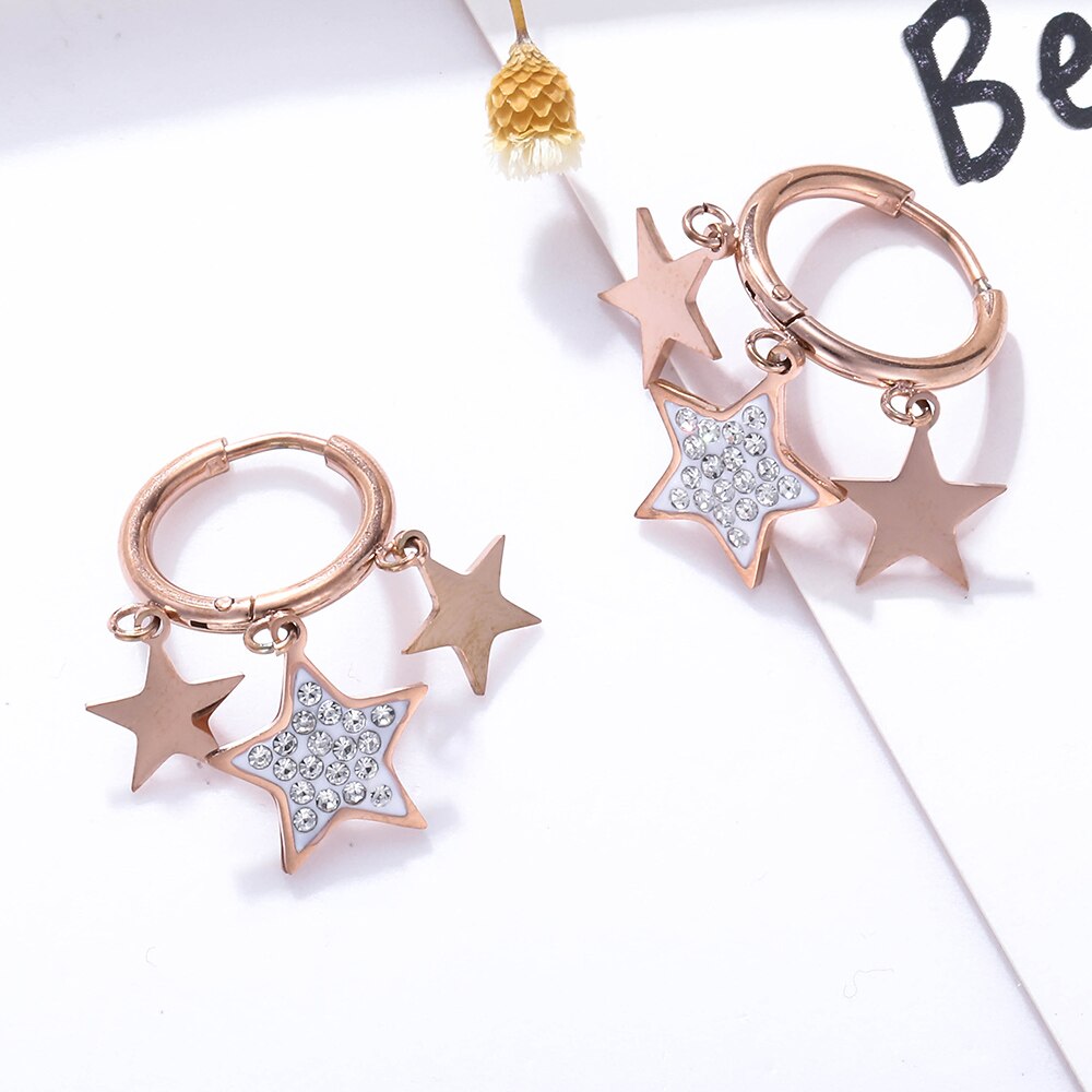 Stainless Steel Multi-Star Hoop Earrings For Women Classic Gold Color Crystal Five-pointed Star Earrings Jewelry Gift