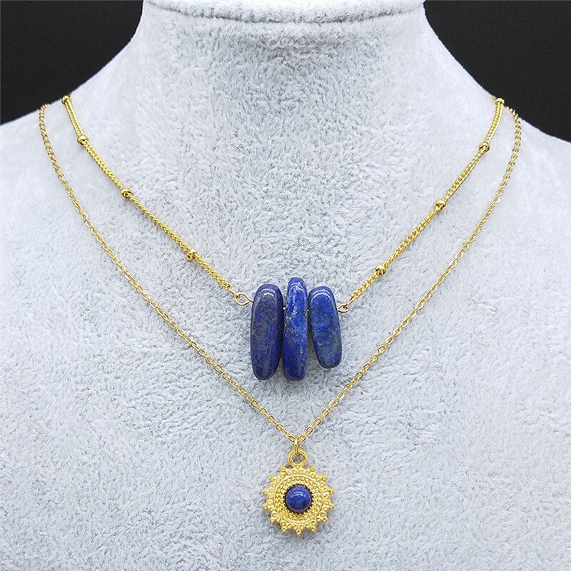 Stainless Steel Natural Stone Blue Tendon Necklace Charm Bohemia Flower Necklace Women Jewelry collar piedras naturales NY42S04