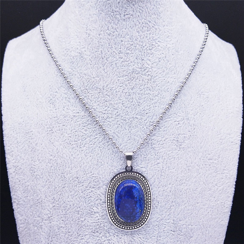 Stainless Steel Natural Stone Lapis Lazuli Big Long Bohemia Charm Necklaces for Women/Men Silver Color Jewelry bijoux N3608S04