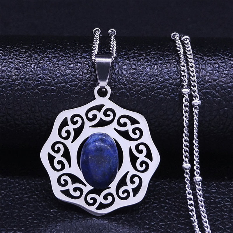 Stainless Steel Natural Stone Lapis Lazuli Big Long Bohemia Charm Necklaces for Women/Men Silver Color Jewelry bijoux N3608S04