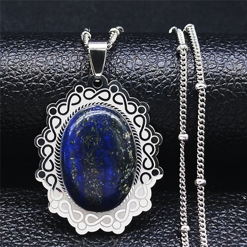 Stainless Steel Natural Stone Lapis Lazuli Big Long Bohemia Charm Necklaces for Women/Men Silver Color Jewelry bijoux N3608S04