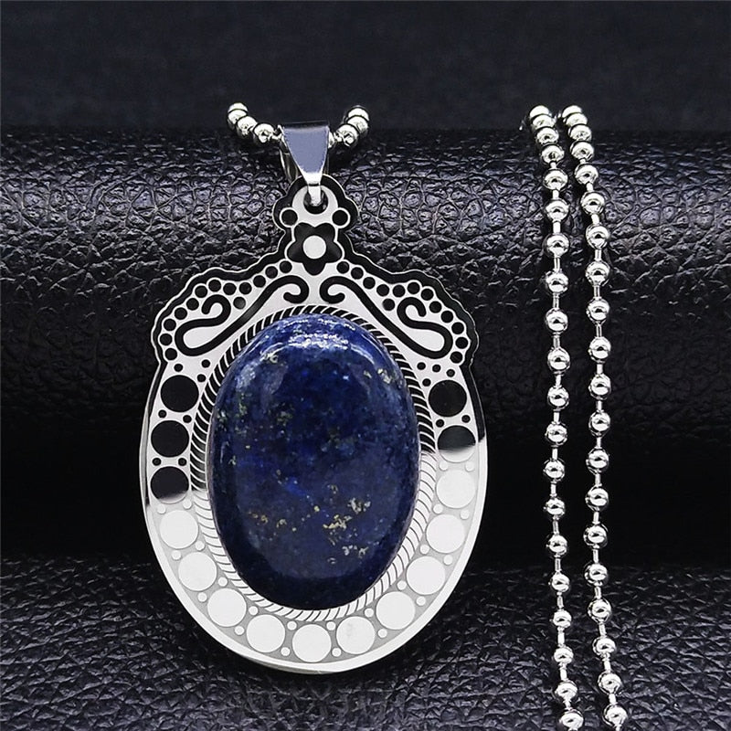 Stainless Steel Natural Stone Lapis Lazuli Big Long Bohemia Charm Necklaces for Women/Men Silver Color Jewelry bijoux N3608S04