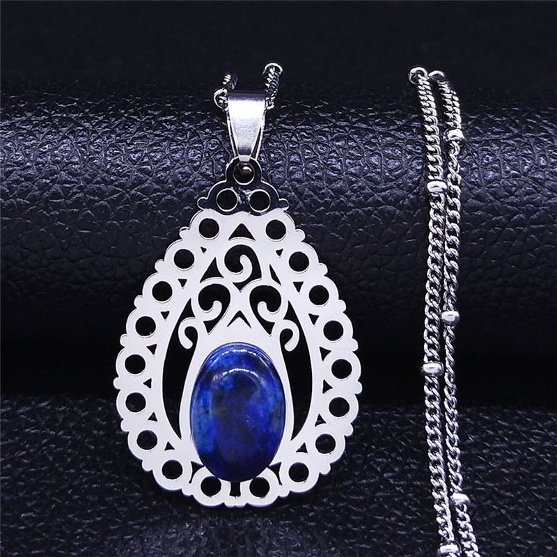 Stainless Steel Natural Stone Lapis Lazuli Big Long Bohemia Charm Necklaces for Women/Men Silver Color Jewelry bijoux N3608S04