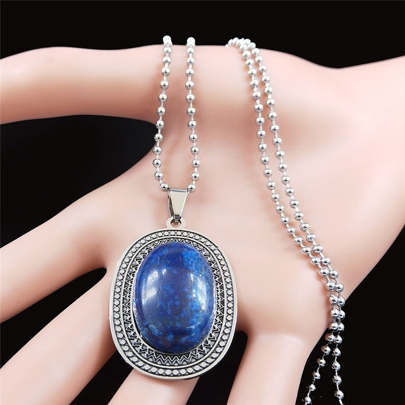 Stainless Steel Natural Stone Lapis Lazuli Big Long Bohemia Charm Necklaces for Women/Men Silver Color Jewelry bijoux N3608S04