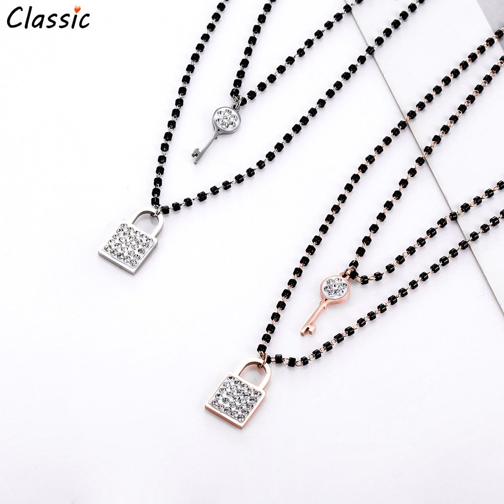 Stainless Steel Neckalce for Women Key Lock Pendant Double Layer Black Crystal Beaded Chain Choker Necklace Girls Party Jewelry