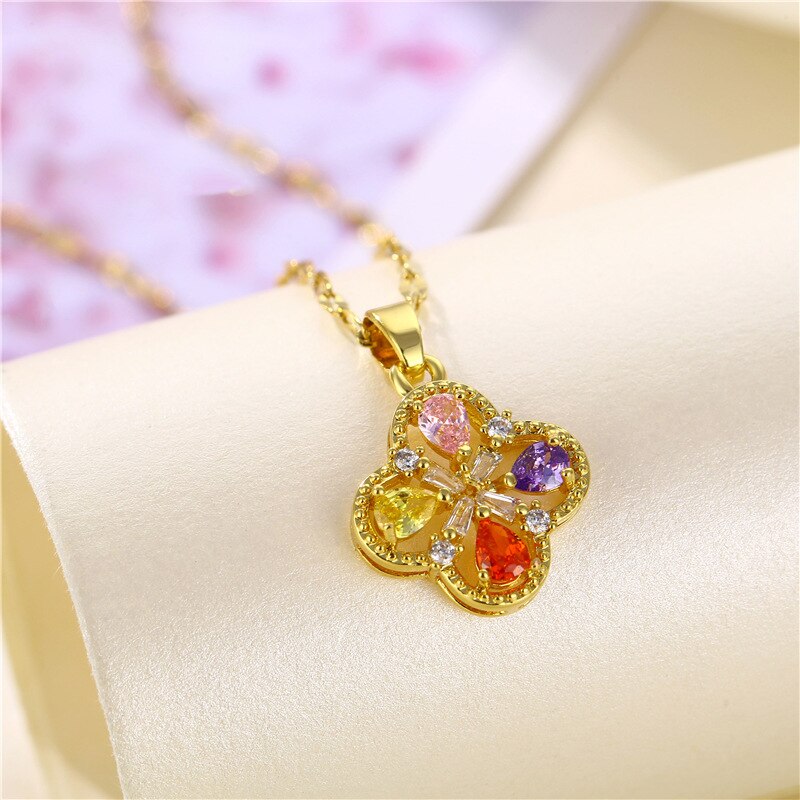 Stainless Steel Necklace Female Color Flower Pendant Female Four-leaf Flower Zircon Pendant Golden Clavicle Chain Girls for Gift