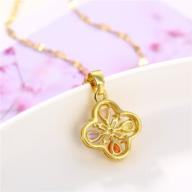 Stainless Steel Necklace Female Color Flower Pendant Female Four-leaf Flower Zircon Pendant Golden Clavicle Chain Girls for Gift