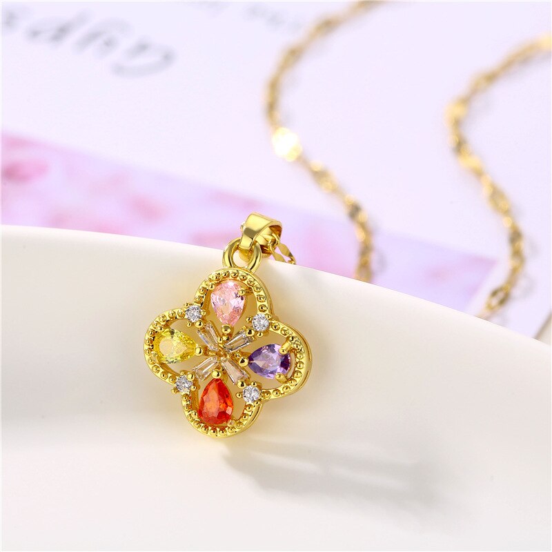 Stainless Steel Necklace Female Color Flower Pendant Female Four-leaf Flower Zircon Pendant Golden Clavicle Chain Girls for Gift