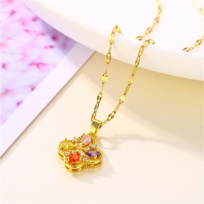 Stainless Steel Necklace Female Color Flower Pendant Female Four-leaf Flower Zircon Pendant Golden Clavicle Chain Girls for Gift