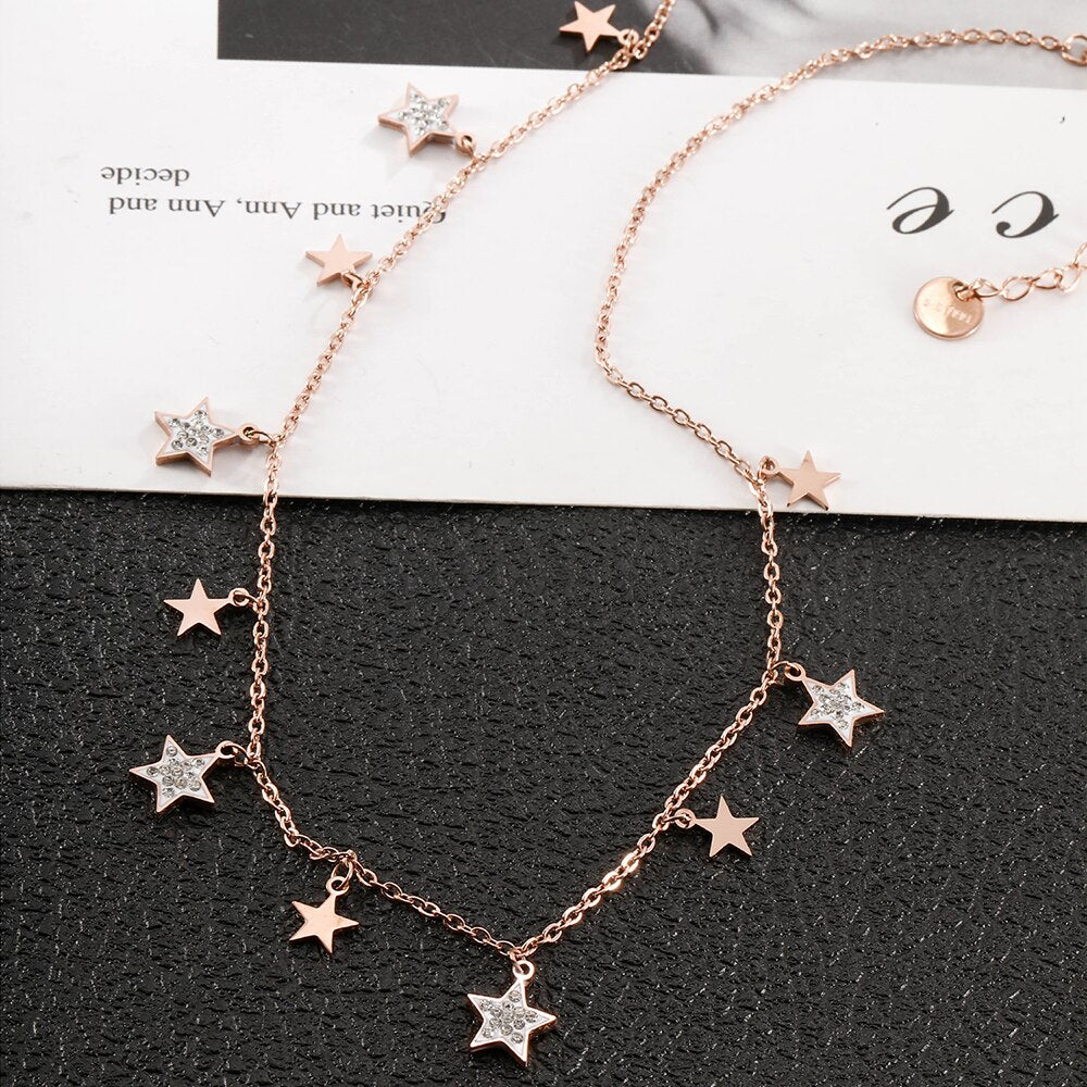 Stainless Steel Necklace For Woman Clear Crystal Small Star Pendant Rose Gold Choker Necklaces For Girls Jewelry Gifts