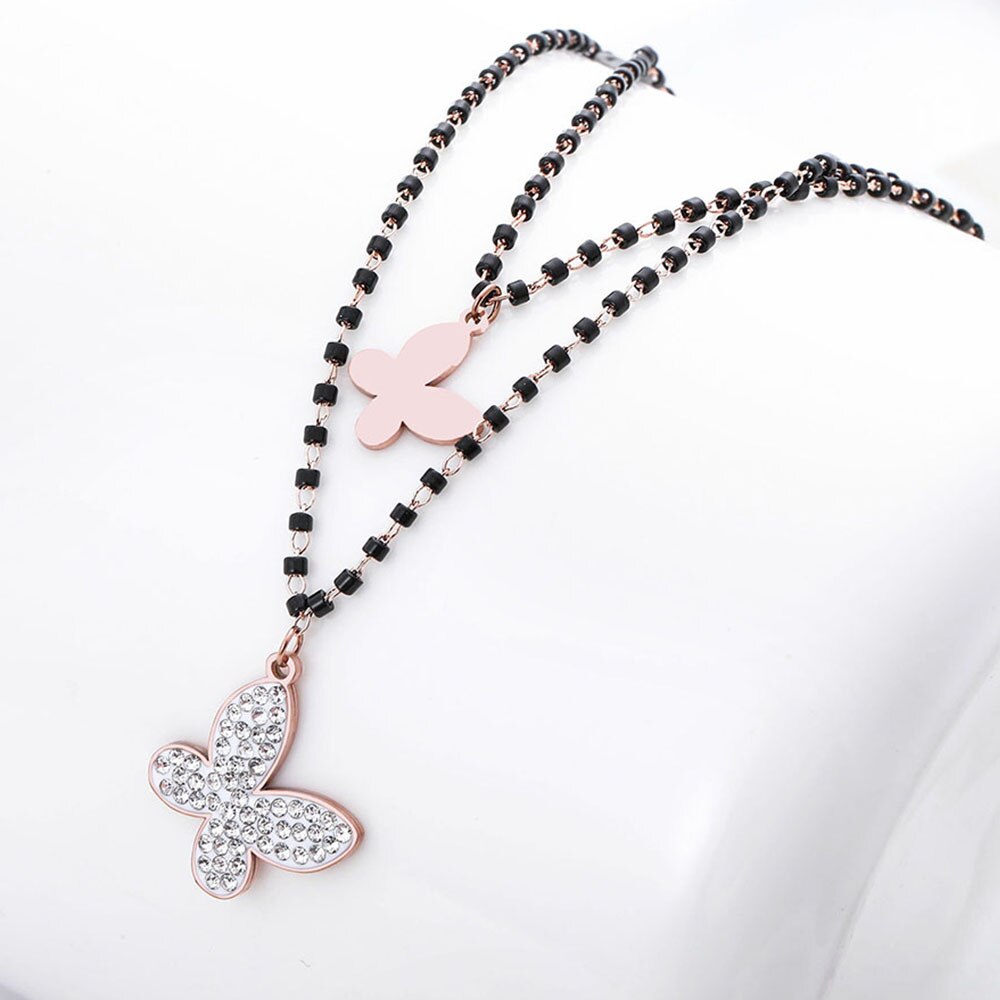 Stainless Steel Necklace For Women Crystal Butterfly Pendant Double-layer Black Beaded Chain Choker Necklace For Women Jewelry