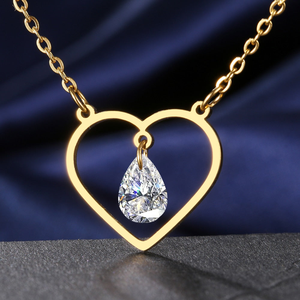 Stainless Steel Necklaces 3A Zircon Crystal Heart Pendant Chain Fine Charm Choker Necklace For Women Jewelry Party Gifts