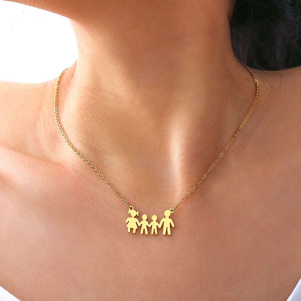 Stainless Steel Necklaces A Family Of Four People Pendant Choker Clavicle Chain Necklaces For Women Jewelry Mama's Gifts