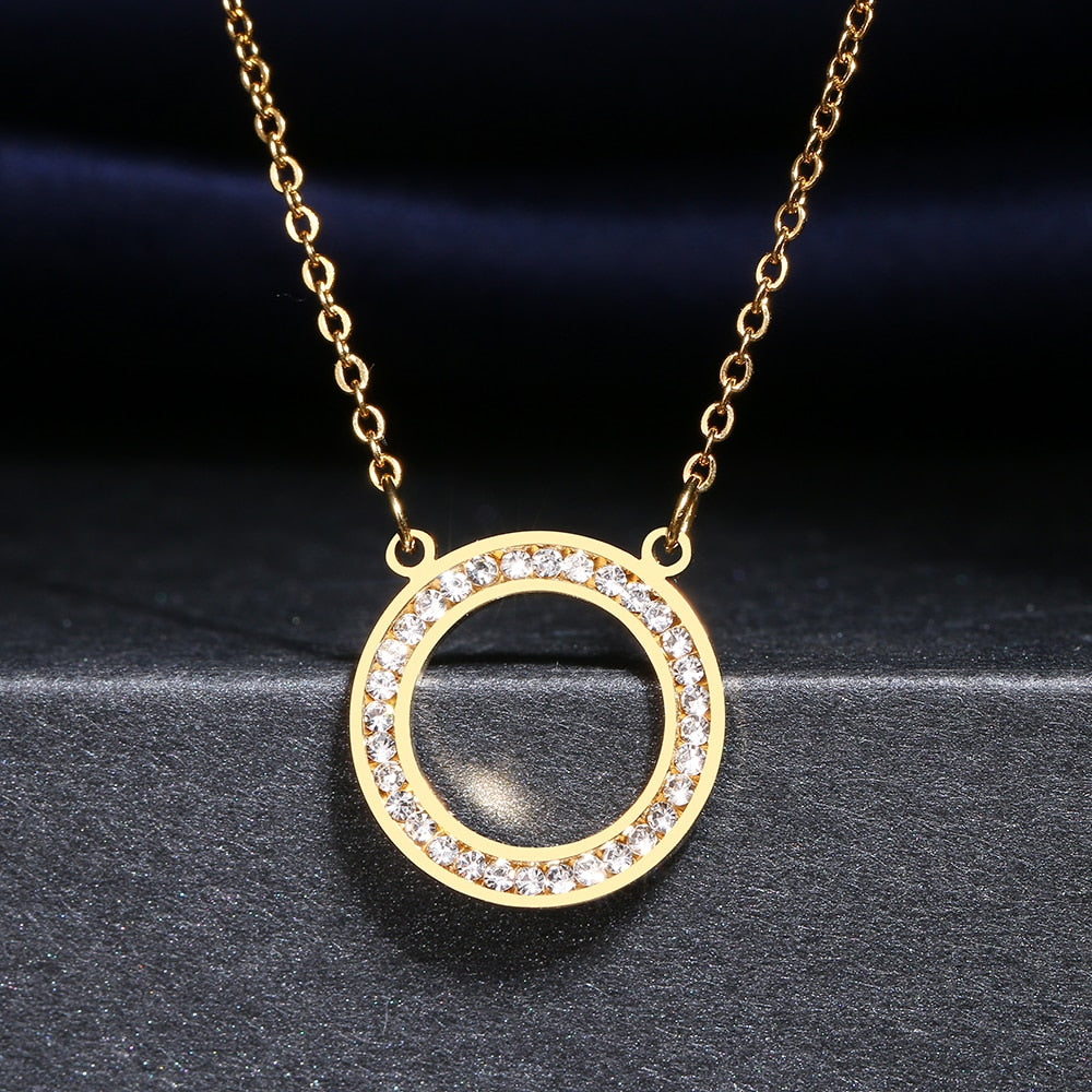 Stainless Steel Necklaces Crystal Zircon Hollow Round Pendant Chain Collar Necklace For Women Jewelry Wedding Party Gift