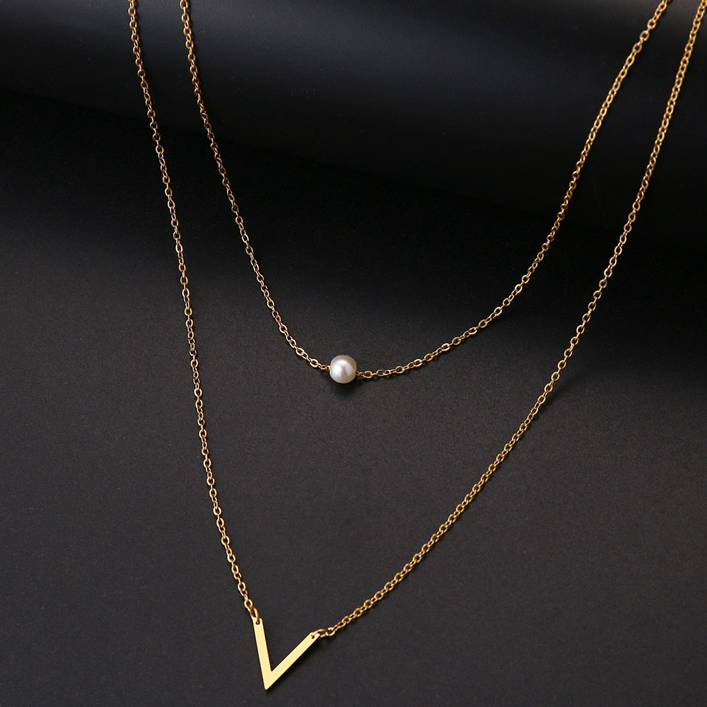 Stainless Steel Necklaces Multilayer Style Pearl 