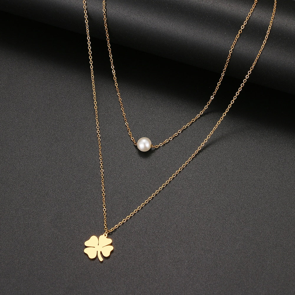 Stainless Steel Necklaces Pendant Multi-layer Style Lovely Pearl Clover Chain Necklace For Women Jewelry Party Friend