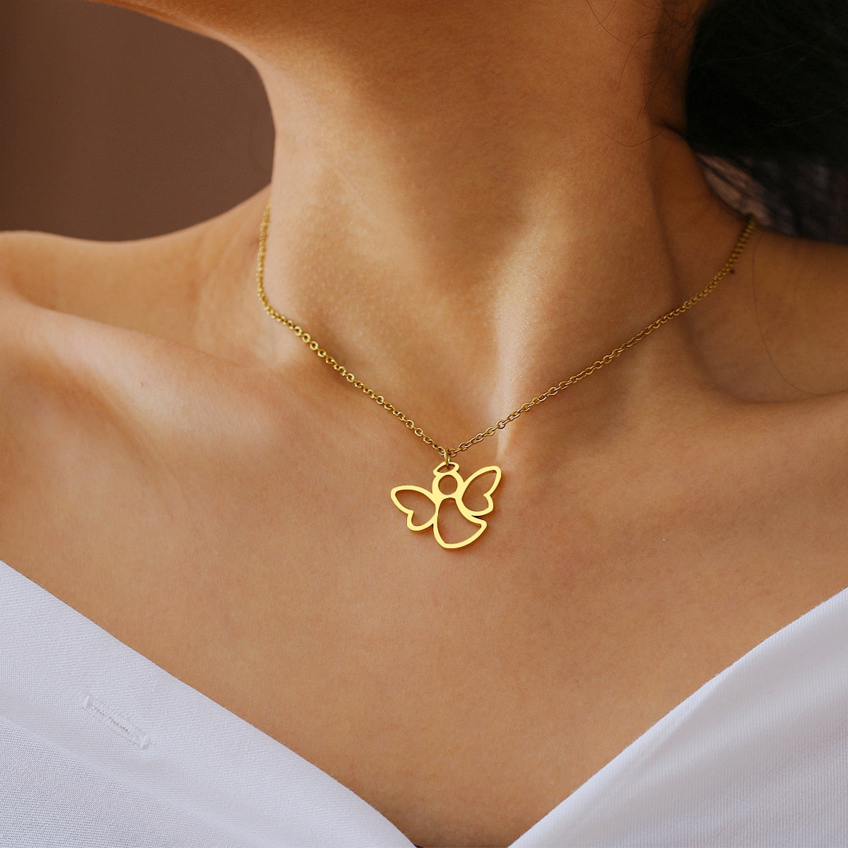Stainless Steel Necklaces Hollow Little Angel Cute Pendant Choker Clavicle Chain Necklaces For Women Jewelry Girls Gifts