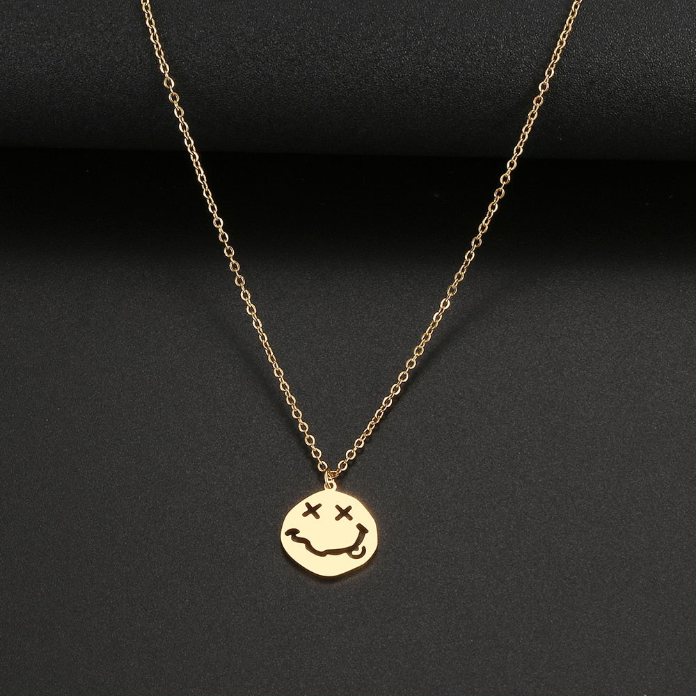 Stainless Steel Necklaces Kpop Smiley Face Goth Hip Hop Egirl Pendant Collar Chain Necklace For Women Men Jewelry Gifts