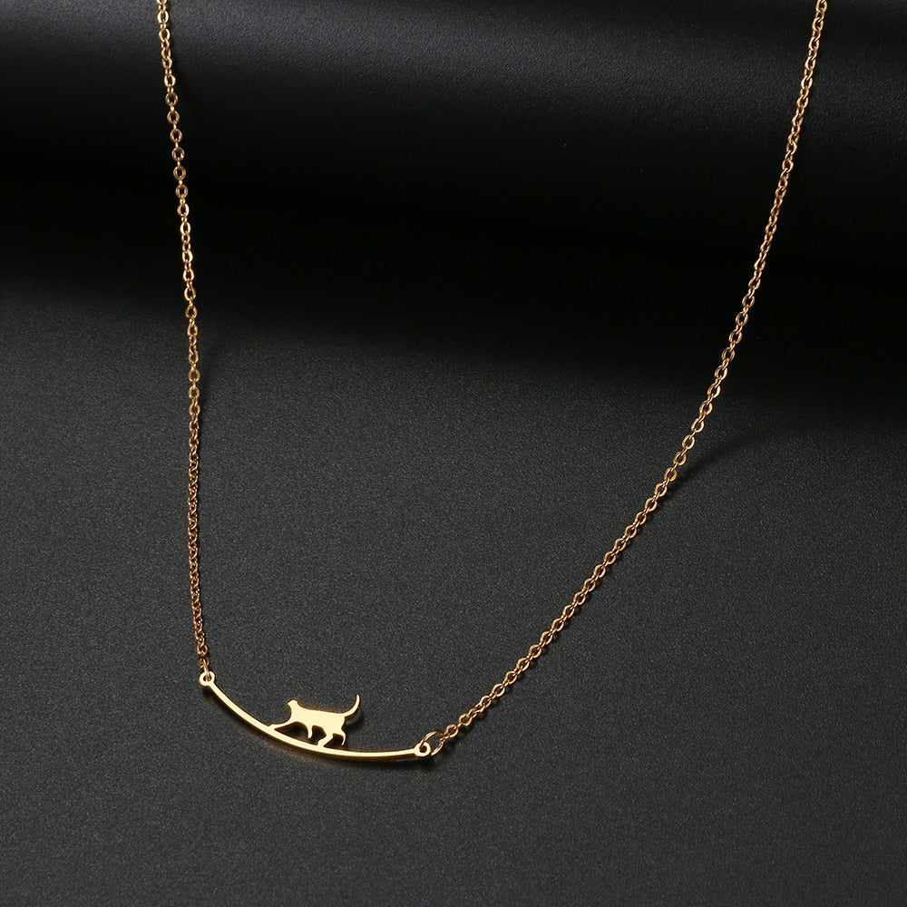 Stainless Steel Necklaces Cat Curved Simple Personality Cute Animal Walking Cat Clavicle Chain Necklace For Women